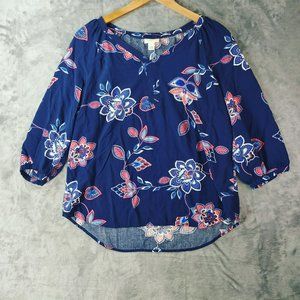 StJohns Bay Womens L Floral Navy Summer 34 Sleeve Boho Casual Lightweight Top